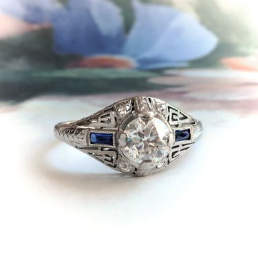 Art Deco .78 ct. tw. Diamond and Sapphire Engagement Ring Platinum and 10K Shank 