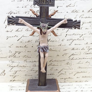 Vintage Small Hand Carved Crucifix, Jesus Christ on Wooden Cross, Hand Painted Corpus Christi, Artist Signed Religious Folk Art 