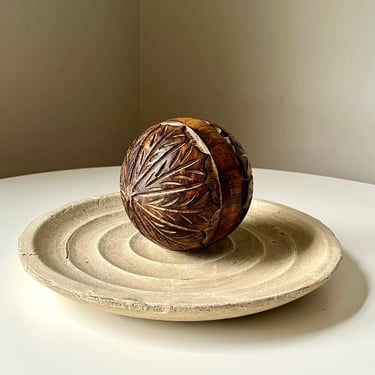 Hand Carved Wood Spherical Sculpture with an Intricate Pattern 