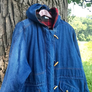 Vintage 1990's Heavy Lined Denim Toggle Parka Overcoat / 2XL 