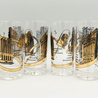 American and New York Stock Exchange Highball Tumblers, Set of 4 | Vintage Barware Drinkware Glasses 