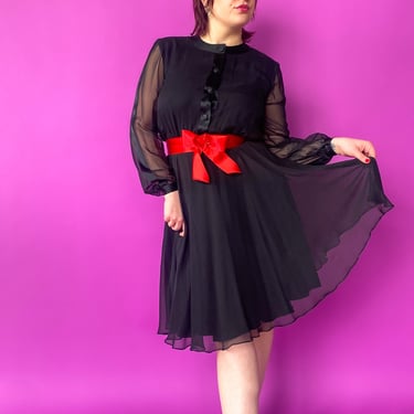1980s Black Dress with Red Bow Belt, sz. Large