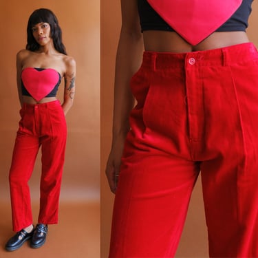 Vintage 80s Geoffrey Beene Red Pants/ 1980s High Waisted Cotton Velveteen Trousers/ Size 28 
