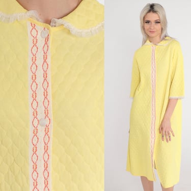 Yellow Quilted Nightgown 70s Nightie Midi Dress Button up Sleepwear Lace Trim Peter Pan Collar Lounge Dressing Gown Vintage 1970s Medium M 