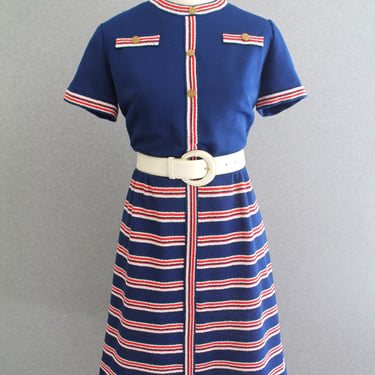 1970s - Red White Blue - Mid Century Mod - Shirt Dress - by Leslie Fay - Estimated size L 