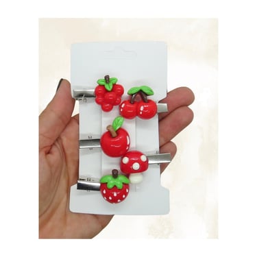 Fruit Hair Clips Set - Cute Red Fruits & Mushroom Themed Barrettes - Cherry Apple Strawberry Grape - Miniature Faux Fake Food 