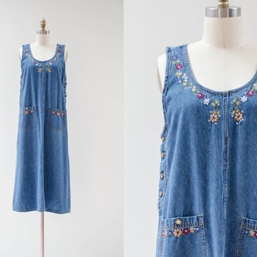 pinafore dress | 90s vintage embroidered floral loose oversized sleeveless jean denim overall cute cottagecore dress 