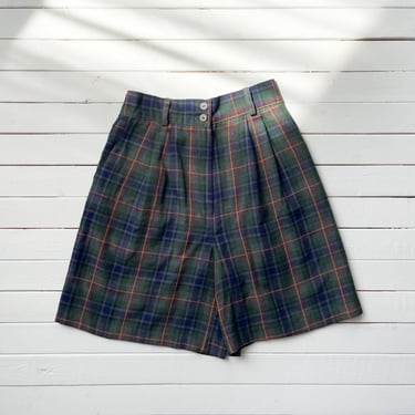 high waisted shorts 80s vintage navy blue green plaid shorts 