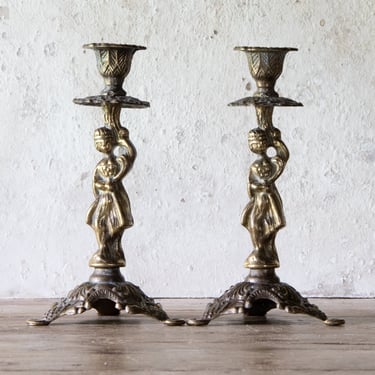 Pair of Brass Candle Holders with Woman Figure, Set of Two Vintage Ornate Brass Goddess Candlestick Holders 