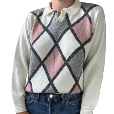 Vintage 1990s Womens Alfred Dunner Pinky Preppy Argyle Collared Sweater Sz M 