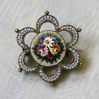 Antique Italian Micro Mosaic Brooch Pin, Old Micro Mosaic Flower Pin, Victorian Italian Micro Mosaic Brooch Pin (#4609) 