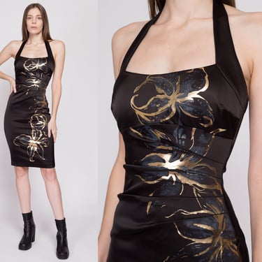 XS| Vintage Cache Liquid Gold Floral Bodycon Dress - Extra Small | Y2K Sexy Fitted Cocktail Party Halter Mini Dress 