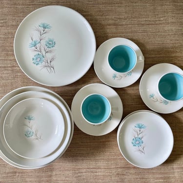 Vintage Taylor Smith & Taylor Ever Yours Boutonniere Dinner and Bread Plates, Cups and Saucers - Aqua Blue - Cottage Shabby Chic 