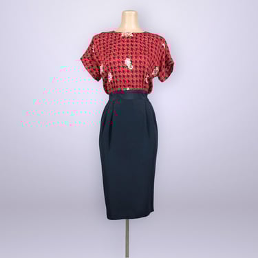 VINTAGE 80s Silk Pencil Dress Red & Black by Rickie Freeman for Teri Jon Size 8  | 1980s Houndstooth Wiggle Dress | VFG 