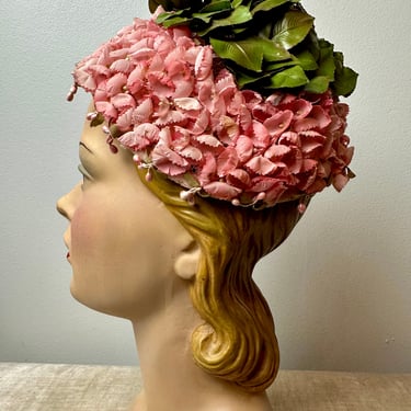 1950’s whimsical Pink mini floral florets with green leafy design~ Springtime Pinup style small dome hat 50’s Millinery~ fun costuming 