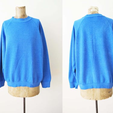 Vintage Blue Raglan Sweatshirt Large  - 80s Fruit of the Loom Crewneck Pullover Athletic Jumper - Minimalist 