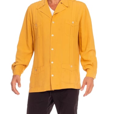 1940S Mustard Silk Blend Crepe Western Style Button Up Shirt 