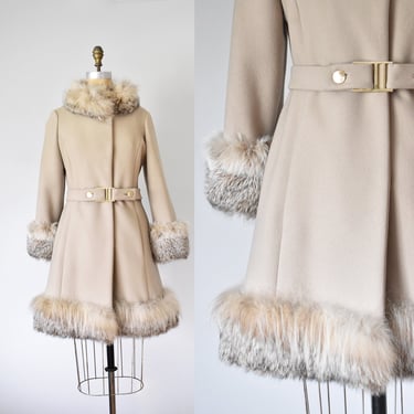 Magnin 1960s wool penny lane coat, mod wool coat, 60s fur coat, beige princess coat, fur collar winter coat 