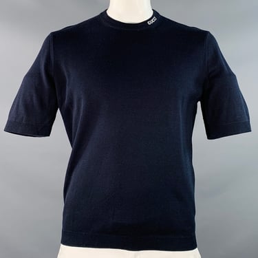 GUCCI Size XL Navy White Logo Silk Cotton Short Sleeve Crew Neck Pullover