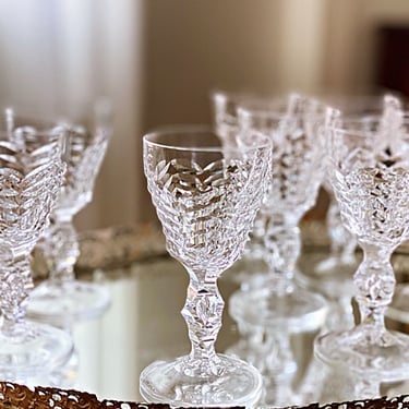 Royal Leerdam Netherlands cut crystal 4 Small wine glasses for dessert wines & liqueurs Fancy faceted air bubble stems MCM stemware 