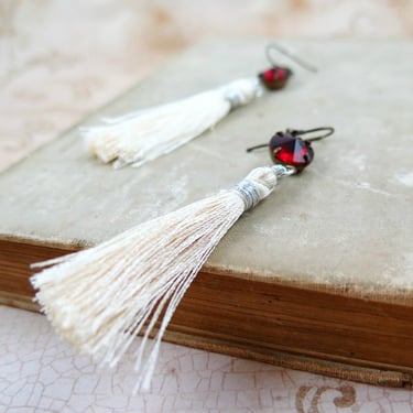 Silk Tassel Earrings, Cream Tassel Earrings, Fringe Earrings, Boho Tassel Earrings, Red Rhinestone Earrings, Holiday Jewelry 