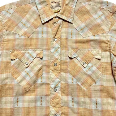 Vintage 1960s PILGRIM Western Shirt ~ fits S ~ Westerner ~ Cowboy ~ Rockabilly ~ Pearl Snap Button ~ Shadow Plaid / Embroidered 