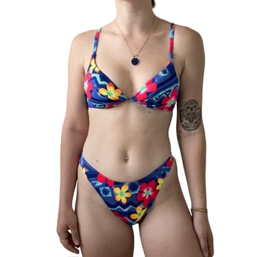 Vintage 80s Womens High Cut High Waist Floral Tropical Bikini Swimsuit Set Sz S 