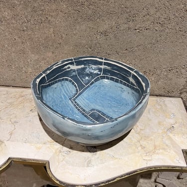 1970s Studio Art Pottery Modernist Blue Bowl 