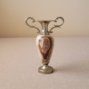 Small onyx marble pedestal vase with handles Genuine stone amphora vase Vintage bud vase Home office decor 
