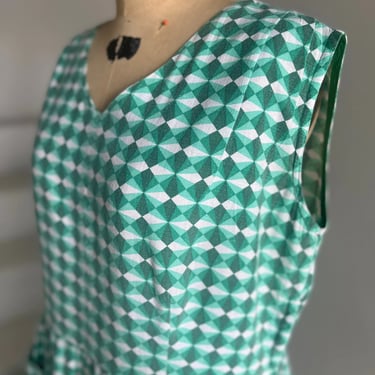 1950s Summer Green Harlequin Print Soft Cotton Sundress Pockets 44 Bust Vintage 