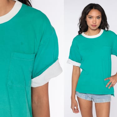 Green Pocket Shirt 80s T Shirt Green Ringer TShirt 90s Cuffed Shirt Vintage Tshirt Top Retro Tee Basic Shirt Short Sleeve Medium 