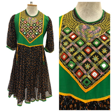 Vintage VTG 1970s 70s Boho Green Mirror Inlay Patterned Dress 