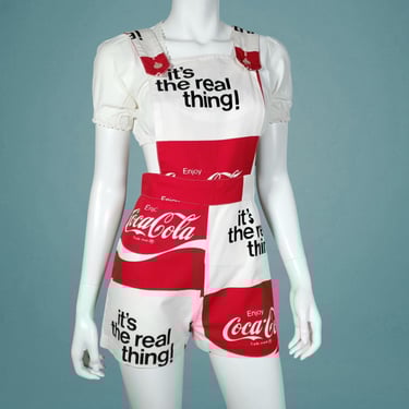 1970s Coca~Cola overall shorts epic vintage jumpsuit romper iconic graphics it's the real thing hippie mod novelty handmade (S) 