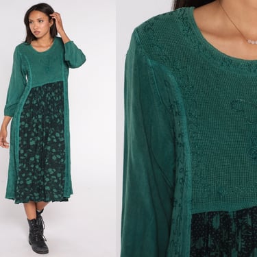Green Midi Dress 90s Floral Indian Embroidered Hippie Dress Long Sleeve Empire Waist Bohemian Flowy Summer Day Dress Vintage 1990s Small S 