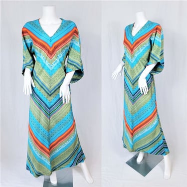 1970's Turquoise Orange Chevron Stripe Acetate Kaftan Caftan Maxi Dress I Sz Med I Riviera Fashions 