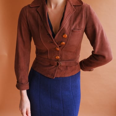 Vintage 30s Suede Jacket/ 1930s Del Monte Sportswear Belted Brown Leather Jacket/ Size XS 