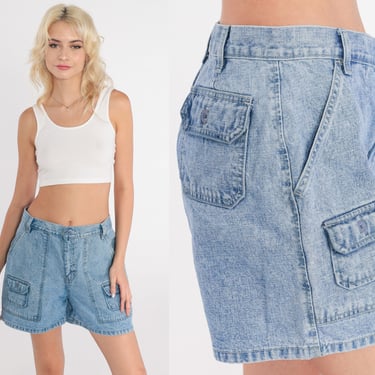 Y2k Denim Shorts Cargo Pocket High Waisted Jean Shorts High Waist Rise Workwear Jeans Retro Plain Work Wear Vintage 00s Medium 8 