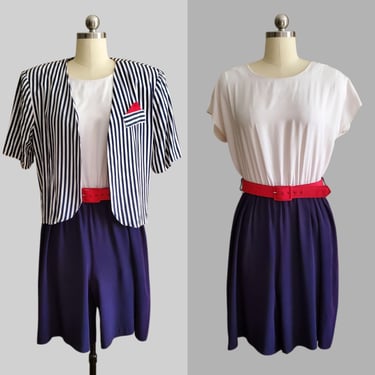 1980s Red White and Blue Romper with Matching Jacket and Belt - 80s Romper - Women's Vintage Size Large 
