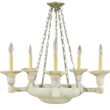 Neoclassical White Veined Alabaster 5 Arm Chandelier