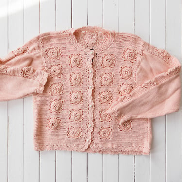cute cottagecore cardigan | 80s 90s vintage peach pink floral pearl embroidered crochet hand knit oversized cropped sweater 
