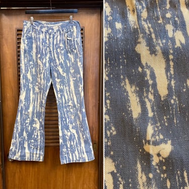 Vintage 1970’s w31 Paint Splatter Printed Mod Glam Denim Flare Jeans, 70’s Vintage Clothing 
