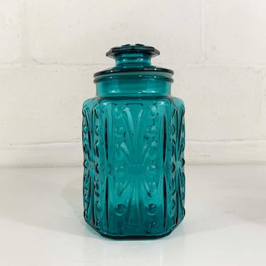 Vintage Glass Kitchen Canister L E Smith Apothecary Jar Atterbury Scroll Carnival Teal Blue Storage Glassware 1970s 70s Cookie Boho 