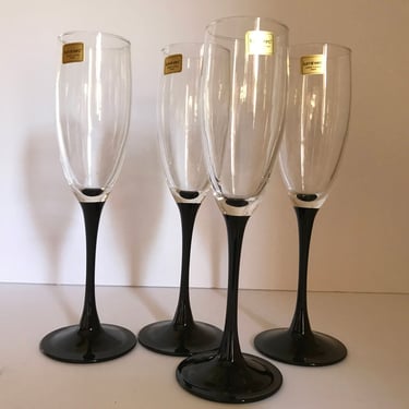 Vintage (4) Arcoroc Luminarc  France Champagne Glasses set Black Stemmed -Mint Condition 