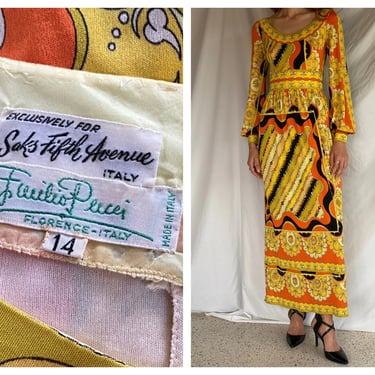 1960's Emilio Pucci Maxi Dress / Italian 60's Cocktail Dress / Modern Dress / Silk Jersey Evening Gown / Orange and Yellow / Resortwear 