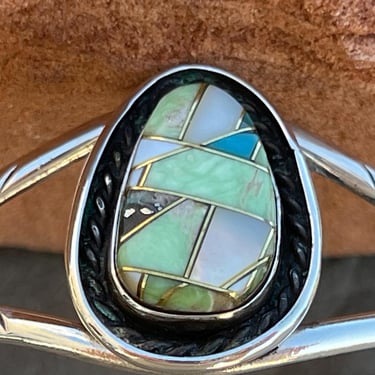 Vintage Southwest Sterling Multi Stone Inlay Split Band Cuff Bracelet 