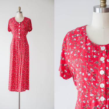 red floral midi dress | 80s 90s vintage cute cottagecore calico floral loose oversized rayon dress 
