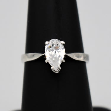 60's sterling pear cut diamond CZ size 6.75 solitaire, 925 silver graduated band cubic zirconia engagement ring 