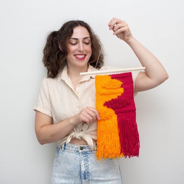 Handmade Boho Woven Wall Hanging Sustainable Wall Decor Made from Upcycled Yarn - Neon Orange & Hot Pink 