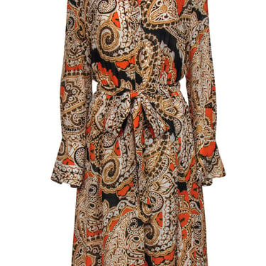 Kobi Halperin - Orange & Black Print Belted Shirtdress Sz L