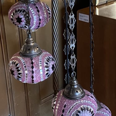 Moroccan Table Lamp w Pink Black and Mirror Shade